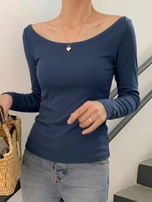 DAZY 女款大圓領修身短袖優雅T恤 灰色 春夏款 - 藍色 - 查看 6
