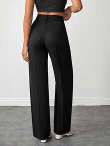 EURMUSE Plus Size Women Solid Color High Waist Straight Leg Pants For Everyday Wear - Black - View 2