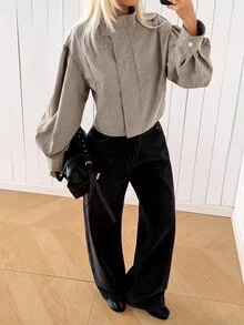 SHEIN EZwear 女款素色拉鍊休閒日常長袖夾克 - 卡其色 - 查看 3