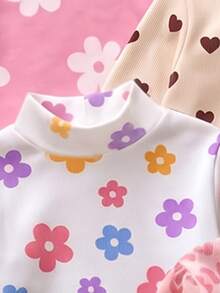 4Pcs Girls' Knitted Turtleneck Long Sleeve Tops, Cute Daisy Flower Heart & Leopard Print Base Layer Shirts, Sweet Style Versatile Outing Tops - Multicolor - View 5