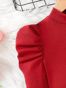 Emery Rose Kids Emery Rose Kids 女童修身復古羊腿袖小立領T恤，運動風，適合秋冬休閒日常穿著與上學穿搭，酷街頭風，萬聖節，Y2K女孩，休閒可愛，姐妹裝，母女套裝，黑色 - 紅色 - 查看 5