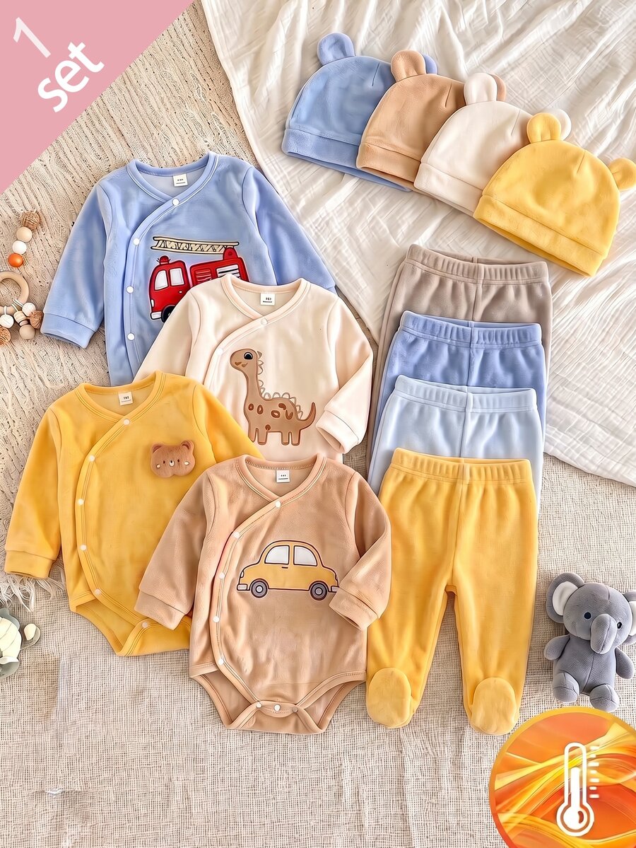 Newborn Plush Home 2 Pieces Set, Cute Bear Doll Asymmetrical Snap Button Bodysuit + Footed Pants, Baby Autumn/Winter Loungewear Set - Multicolor - View 1