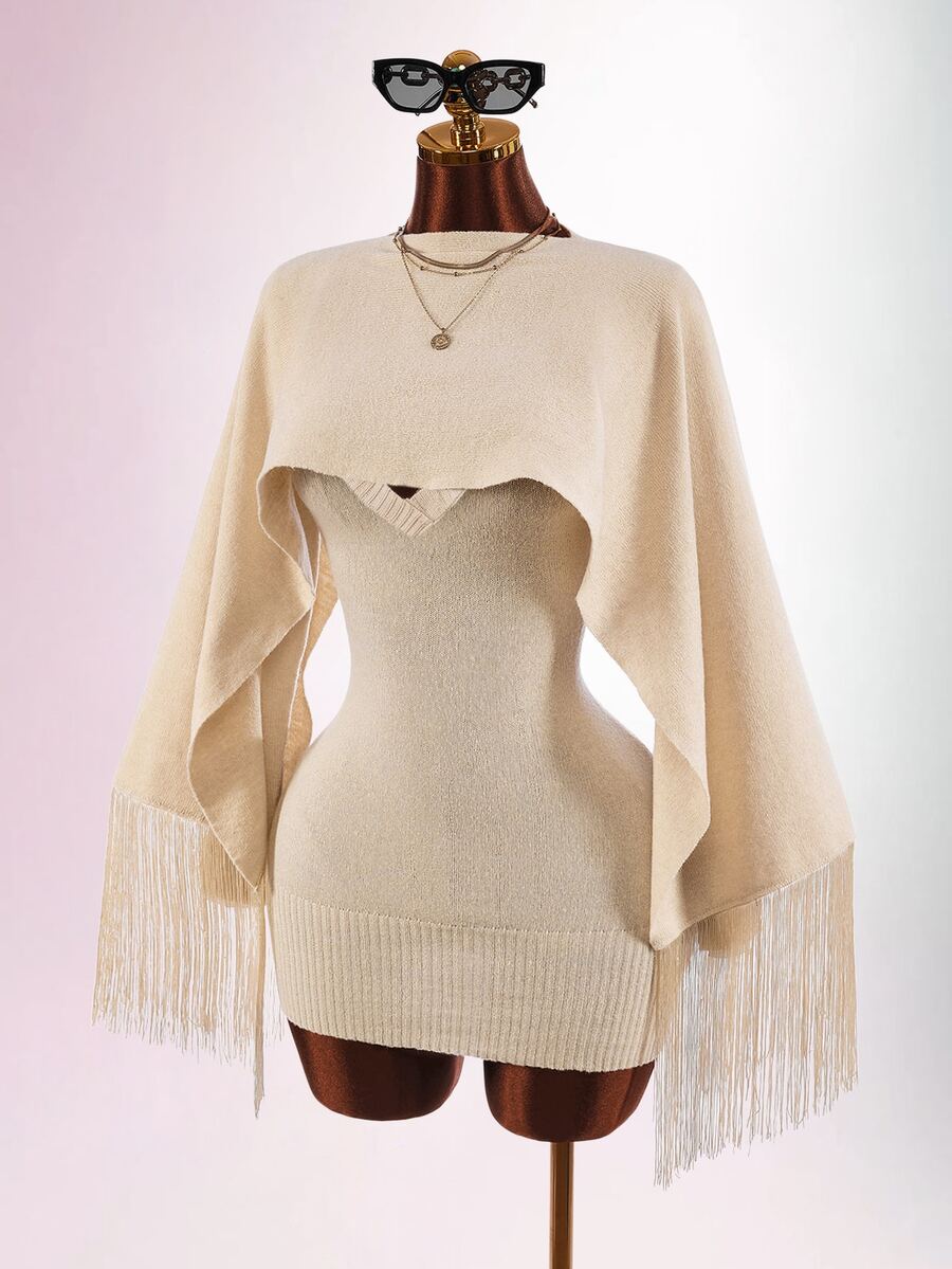 Amplova Women's Solid Color Dress And Tassel Design Cape Top Knit 2 Pieces Set - Apricot - View 1