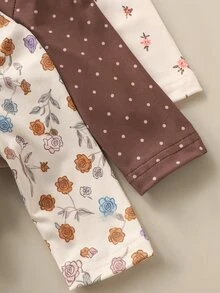 SHEIN 3件組新生女嬰連身衣 可愛甜美奶油棕色花卉印花波點長袖V領基本款 秋季嬰兒洗禮長袖上衣 側開扣 - 彩色 - 查看 7