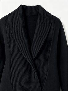 Sweetra Gaun Sweater Rajut Berkerah Gaya Retro Amerika Warna Abu-abu Gelap dengan Pengikat Pinggang - Hitam - View 4