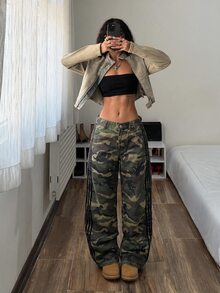 StreetHx Women's Camouflage Pattern Side Stripe Wide Leg Loose Jeans - Army Green - View 3