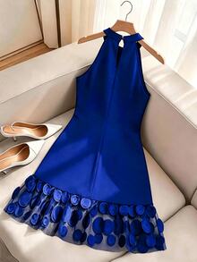 GlowEve CURVE Plus Size Elegant Patchwork 3D Mesh Dress - Blue - View 2