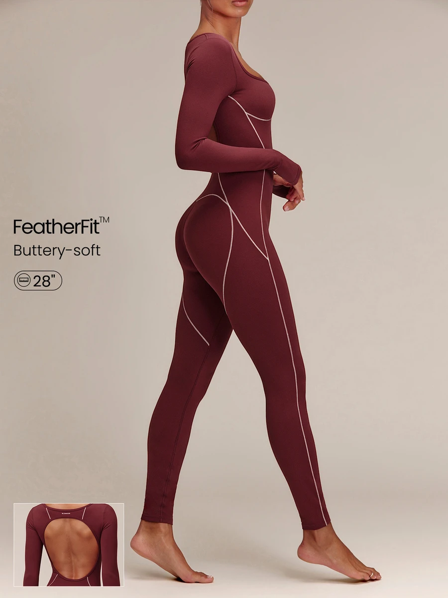 GLOWMODE 28" FeatherFit™ Keep Glowing 拼色修身連身衣,鏤空背部設計與拇指孔,適合瑜伽、皮拉提斯、工作室與日常運動穿著 - 酒紅色 - 查看 1