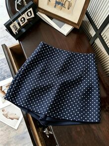 SHEIN Franclia 時尚休閒通勤百搭丹寧感印花紋理軟面料高腰開衩女款短褲/裙/寬腿褲/熱褲 - 藏蓝色 - 查看 2