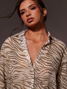 SHEIN X GALILEA Athîral Women's Zebra Print Casual Daily Wear Shirt - Coffee Brown - View 5