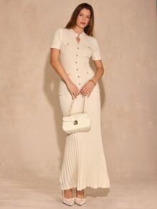 Enchnt Elegant Button Decor Round Neck Short Sleeve Fitted Sweater Dress Suitable For Daily Wear - Apricot - View 6