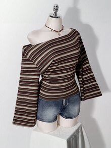 SHEIN ICON 大尺碼 Y2K 復古不對稱單肩針織收腰 T-shirt 上衣，休閒復古不對稱單肩領長袖上衣 - 彩色 - 查看 6