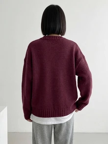 DAZY Solid Color Pullover Sweater, Minimalist Casual Daily Wear, Campus Commute Style - Red Violet - View 5