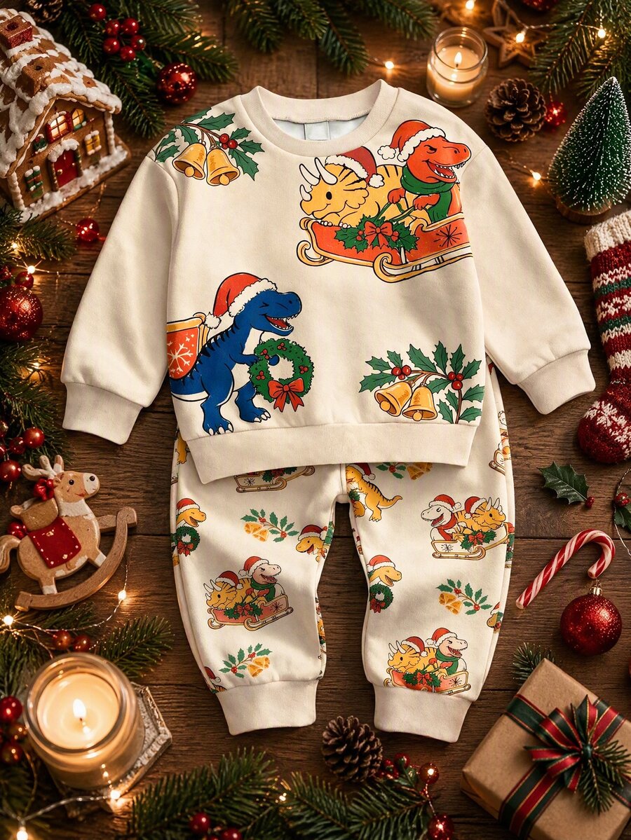 Infant Toddler Round Neck Long Sleeve Long Pants Casual Comfortable Set, Classic Christmas Snowflake Pattern Print, Classic Cartoon Cute Reindeer Santa Claus Pattern Print, Merry Christmas Dinosaur Pattern Print, Classic Christmas Snowflake Pattern Print, Classic Cute Cartoon Hand-Drawn Gingerbread Man Pattern Print, Suitable For Autumn/Winter, Suitable For Christmas - Multicolor - View 1