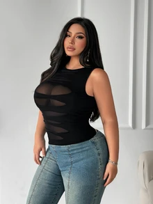 SHEIN SXY Plus Size Women Solid Color Contrast Mesh Fitted Sexy Tank Top - Black - View 6