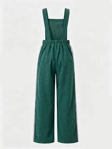 Girls Corduroy Overalls, Cute Bow Ribbon Side Stripe Wide Leg Jumpsuit Autumn Winter Pants - Green - View 2
