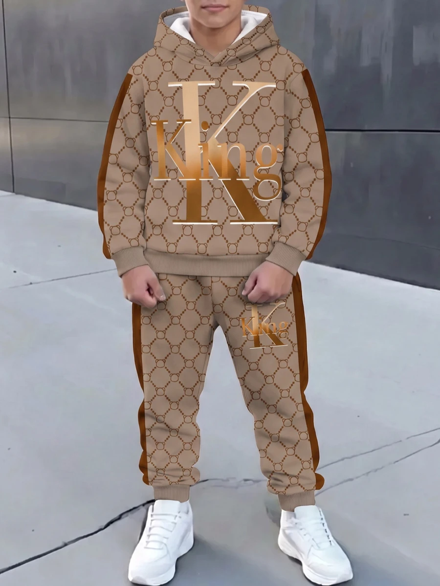 Tween Boy Casual Minimalist Long Sleeve Hooded Comfortable Sweatshirt 2 Pieces Set, Suitable For Autumn/Winter, Classic Handsome Bear Vintage Pattern Print, Classic King Text Pattern Print - Multicolor - View 1