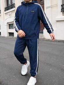 SHEIN 2件組兒童青少年男孩休閒日常百搭舒適拼接連帽半拉鍊套頭寬鬆長袖外套與寬鬆慢跑褲梭織套裝，適合秋冬 - 藏蓝色 - 查看 1