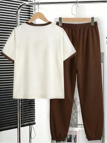 Tween Boy Casual Comfortable Fashion Minimalist Crew Neck Short Sleeve T-Shirt And Long Pants Set - White - View 2
