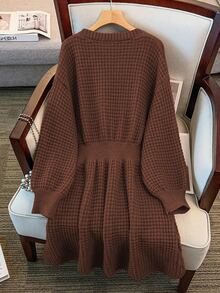 GlowEve CURVE Plus Size V-Neck Lantern Sleeve A-Line Thick Drawstring Knitted Sweater Dress, Solid Color, Winter - Coffee Brown - View 2
