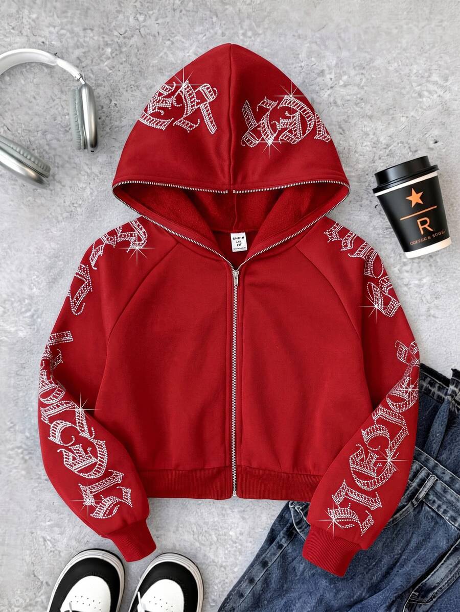 SHEIN 青少年女孩哥德風字母水鑽裝飾短版拉鍊連帽衛衣,秋冬長袖上衣,畢業穿搭,開學穿搭 - 紅色 - 查看 1