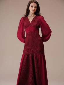 BELROSIE Elegant Mature Style V-Neck Jacquard Patchwork Pearl Chiffon Bodycon Long Dress For Women Wedding Cocktail Dinner Burgundy Fall Christmas - Red - View 6