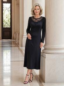 EMERY ROSE Elegant Contrast Lace Round Neck Long Sleeve Dress For Middle-Aged And Elderly Women - Black - View 6