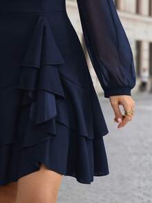 Velvienne Black Deep V-Neck Chiffon Puff Sleeve Ruffle Dress, High Waist Ultra Short A-Line Mini Dress, Asymmetrical Multi-Layer Ruffle Structure: Waist Side 3D Stacked Large Wave Pleats, Asymmetrical Layered Ruffle Hem, Flowing Layered Lace, Dynamic Movement When Walking, Flattering Hips And Lengthening Legs, Plus Size Dress - Navy Blue - View 7