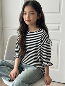 DAZY (Tween Girl) 杏色針織條紋短袖圓領秋季燈籠袖寬鬆T恤 - 黑與白 - 查看 5