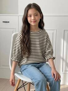 DAZY (Tween Girl) 杏色針織條紋短袖圓領秋季燈籠袖寬鬆T恤 - 卡其色 - 查看 4