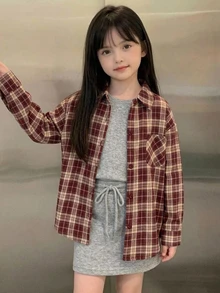 DAZY Tween Girl) Casual Long Sleeve Plaid Shirt With Collar, Basic Autumn Outerwear - Burgundy - View 1