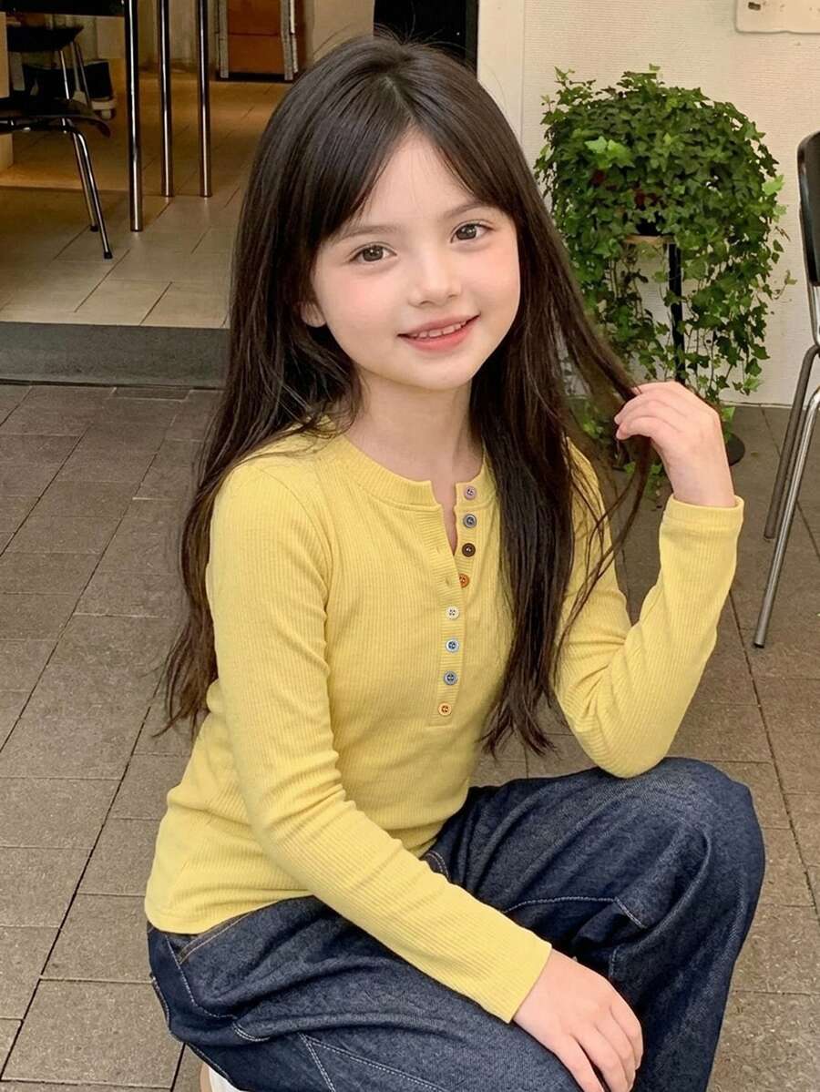 Dazy Kids Tween Girl) Fitted Long Sleeve Casual Base Layer Top T-Shirt - Yellow - View 1