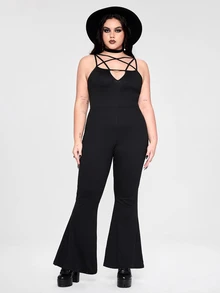 ROMWE Y2K Plus Size Women Dark Gothic Punk Style Star Lace-Up Flare Leg Sexy Jumpsuit - Black - View 1