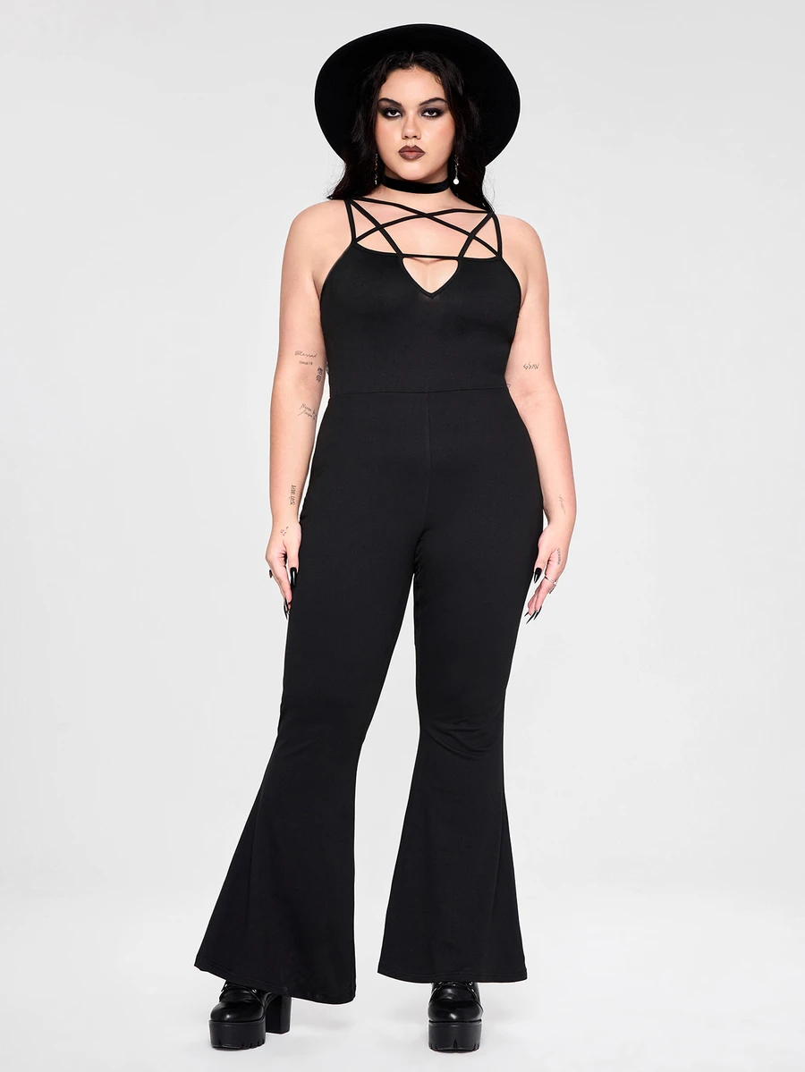 ROMWE Y2K Plus Size Women Dark Gothic Punk Style Star Lace-Up Flare Leg Sexy Jumpsuit - Black - View 1