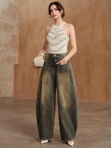 Anewsta Women's Pocket Design Rhinestone Wide Leg Loose Casual Vintage Streetwear Denim Jeans Night Out Grey Fall - Dusty Blue - View 3