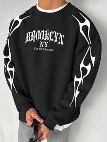 NEOREFINED 美式哥德體 BROOKLYN 男士圓領運動衫，側邊火焰線條印花，高街品牌寬鬆版型長袖套頭衫 - 彩色 - 查看 1