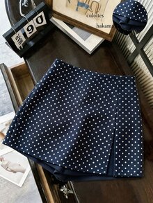 SHEIN Franclia 時尚休閒通勤百搭丹寧感印花紋理軟面料高腰開衩女款短褲/裙/寬腿褲/熱褲 - 藏蓝色 - 查看 3