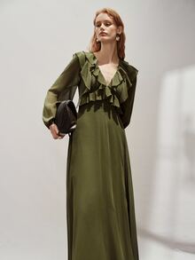 Aveloria Modichic European And American Style Autumn/Winter New Fashion Versatile Solid Color Chiffon V-Neck Elegant Commute Design Multi-Layer Ruffle Hem Women's Long Dress - Army Green - View 7