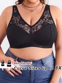 SHEIN CURVE+ Plus Size Solid Color Mesh Insert Wireless Curved Brasummer/Country/Beach Vacation Outfits - Black - View 1
