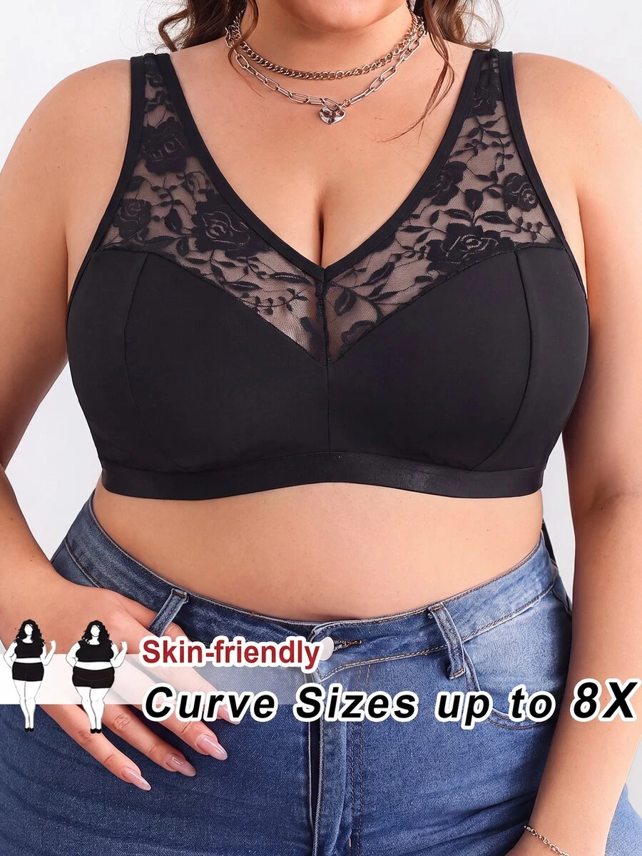 SHEIN CURVE+ Plus Size Solid Color Mesh Insert Wireless Curved Brasummer/Country/Beach Vacation Outfits - Black - View 1