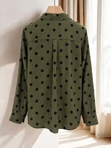 EMERY ROSE Women's Fall French Chic Casual Bohemian Vacation Commute Office Middle Eastern Faux Linen Green Polka Dot Print V-Neck Button-Front Long Sleeve Shirt - Army Green - View 2