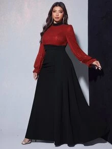 Viva Relle Plus Size Women's Autumn/Winter Elegant Glamorous Sequin & Bead Embellished Long Sleeve Waist-Cinching Flared Flowy Dress For Banquet, Party, Wedding Guest, New Year, Christmas - Multicolor - View 4