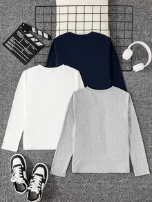 SHEIN Vacaura 3件組男童休閒字母印花多色拼接圓領長袖T恤，適合秋季單穿、多風格搭配，冬季可作為外套內搭，時尚百搭 - 彩色 - 查看 2