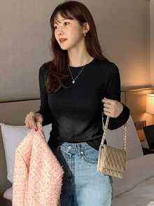 DAZY Women's Round Neck Solid Color Basic White Short Sleeve T-Shirt, Spring/Summer - Black - View 4