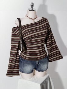 SHEIN ICON 大尺碼 Y2K 復古不對稱單肩針織收腰 T-shirt 上衣，休閒復古不對稱單肩領長袖上衣 - 彩色 - 查看 1