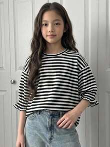 DAZY (Tween Girl) 杏色針織條紋短袖圓領秋季燈籠袖寬鬆T恤 - 黑與白 - 查看 3