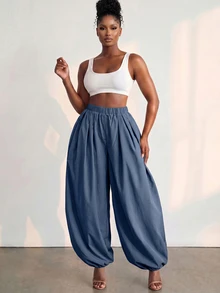 BamGlimmer Women's Designer Pleated Loose Fit Pants With Pockets - Navy Blue - View 6