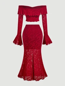 SHEIN MOD Bell Sleeve Tie-Up Shoulder Top And Fishtail Long Skirt 2 Pieces Set - Burgundy - View 2
