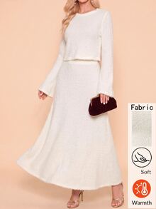 Amorya Women's Round Neck Flared Sleeve Top & A-Line Skirt Winter Fuzzy Soft 2 Pieces Set - White - View 5