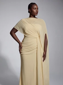 Elitara Plus Size Elegant Romantic Pale Yellow Asymmetrical Layered Design Pleated Flounce Fitted Mermaid Hem Dress For Evening Party Date Ball Vacation Wedding Event Bridesmaid Gown - Yellow - View 5